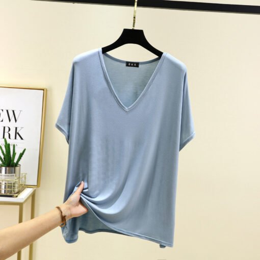 Vapetix One size fits all-Large size  Summer New Women's Solid Color Cotton Modal Thin V-neck Shoulder Short Sleeve Korean Style Sweet To - 图片 4