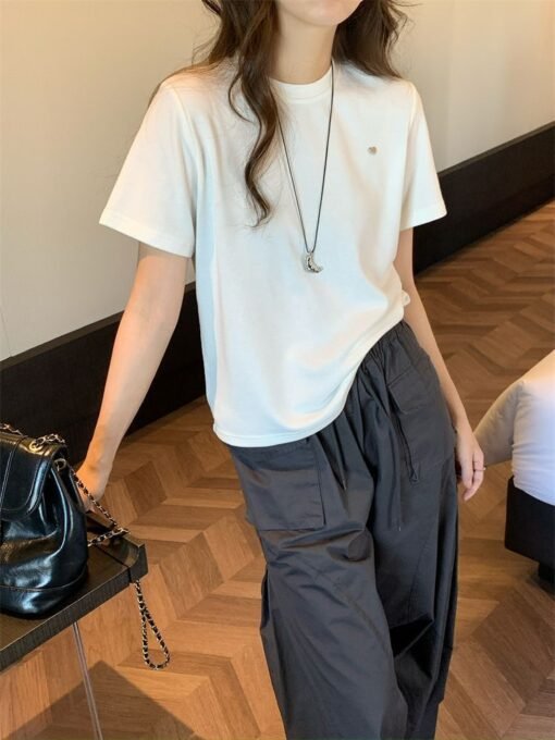 Vapetix S-2XL  Basic Solid Color All-match Round Neck Shoulder Love Metal Buckle Sanding Short-sleeved T-shirt Wom - 图片 5