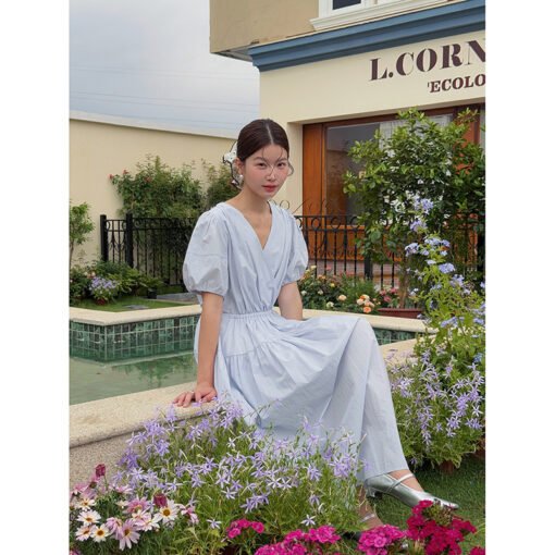 Vapetix One size fits all (80-130)-One size fits all (80-130)  [Bubble White Moonlight] Song Ming Retro Korean V-neck Waist Strap dress Women's Summer Midi Dress - 图片 3