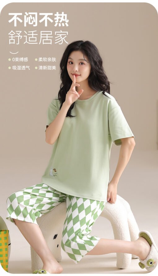 Vapetix M-XXL  Spring and Summer Pajamas Women's Short-sleeved Cropped Pants Pullover Pure Cotton Wearable suit Si – Bild 2