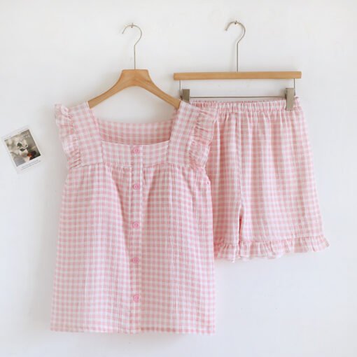 Vapetix M-XL  Chest Pad Small Fly Sleeves Plaid Camisole Shorts Double-layer Cotton Yarn Thin Sweet Loose Home Cl – Bild 3