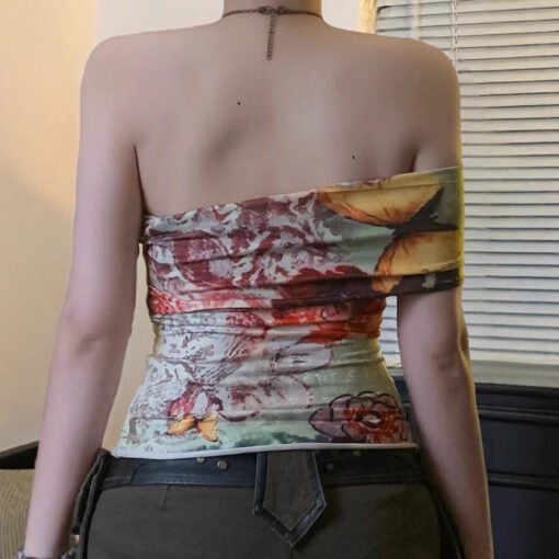 Vapetix S-L  Antique Butterfly Tie-Dye Printed One-Shoulder Asymmetrical Strapless Top Niche Spice Girl Style Ti - Image 4