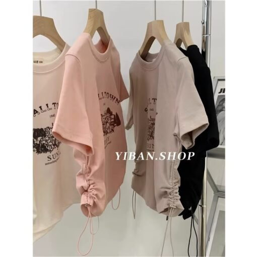 Vapetix M-2XL  Hot Girls Pleated Waist Slimming Printed Short-sleeved T-shirt Women's Design Sense Shoulder Round – Bild 4