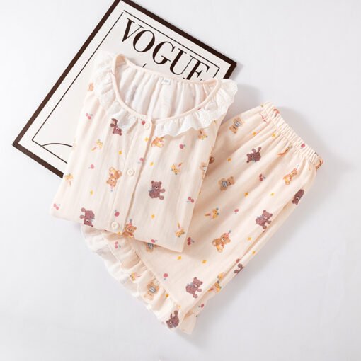 Vapetix M-XL  Summer Pure Cotton Gauze Pajamas Two-piece Set Thin Women Sweet Cute Cartoon Short-sleeved Shorts H - 图片 3