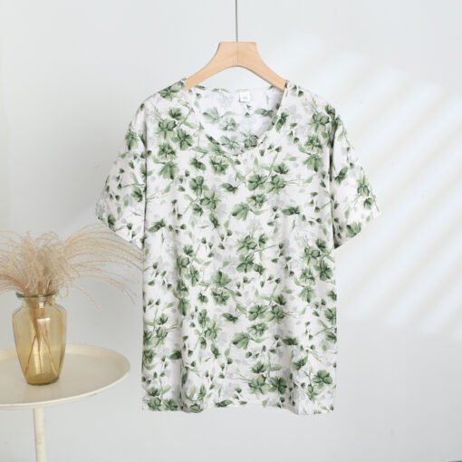 Vapetix 3XL-5XL  2025 Summer New Cotton Silk Floral Print Short-sleeved V-neck T-shirt Home Loose Casual - 图片 4