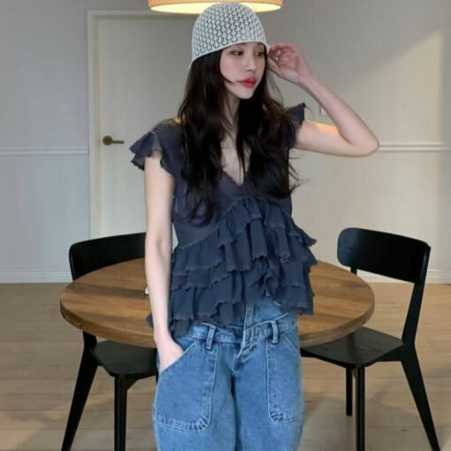 Vapetix One size fits all-One size fits all  South Korea Chic Summer Cute Age-reducing Micro-transparent Heavy Industry Ear V-neck Flying Sleeve - 图片 3