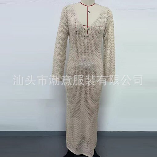 Vapetix S-L  Cross-border European and American New Hollow Texture V-neck Round Button Long Sleeve Holiday Long