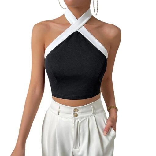 Vapetix S-XL  AliExpress Foreign Trade Women's Summer New Hanging Neck Vest Summer New Black and White Color Spli – Image 4