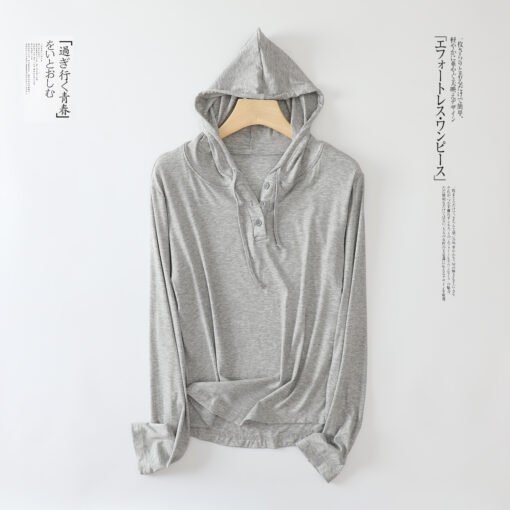 Vapetix M-XXL  Autumn New Modal Thread Long Sleeve Hooded Button T-Shirt Women's Loose Casual Top Inner Base Shirt - 图片 3