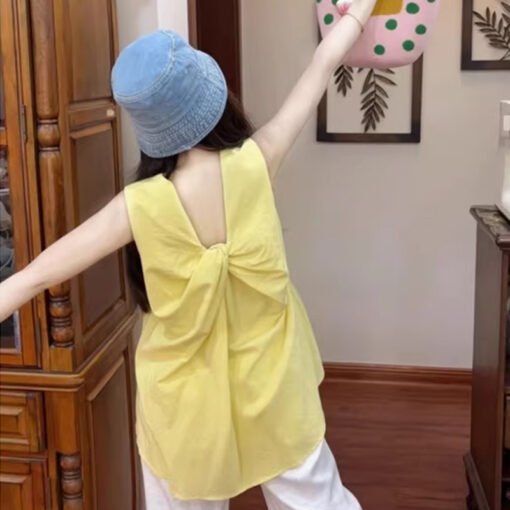 Vapetix S-XL  French Design Sense Yellow Bow Linen Vest Shirt Women's Summer Outer Wear V-Neck Backless Sleeveles
