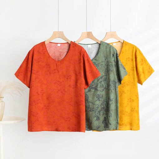 Vapetix 3XL-5XL  2025 Summer New Cotton Silk Floral Print Short-sleeved V-neck T-shirt Home Loose Casual - 图片 5
