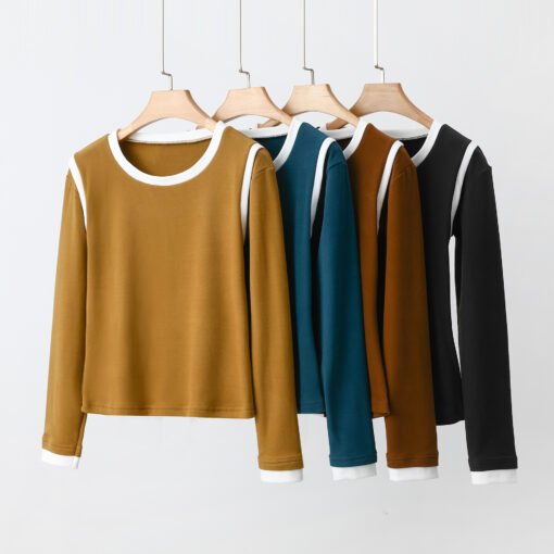 Vapetix M-XXL  Autumn and Winter New fleece-lined Warm Women's Base Shirt Crewneck Long Sleeve Women's T-shirt Sli - Image 3