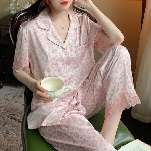 Vapetix M-XXL  2025 summer and autumn new imitation silk lapel cardigan powder leopard print girly lace home cloth