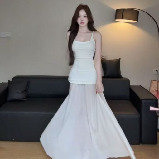 Vapetix S-XL  Cross-border light fairy dress summer new cool art stitching mesh knitted suspender long skirt - Obrázek 4