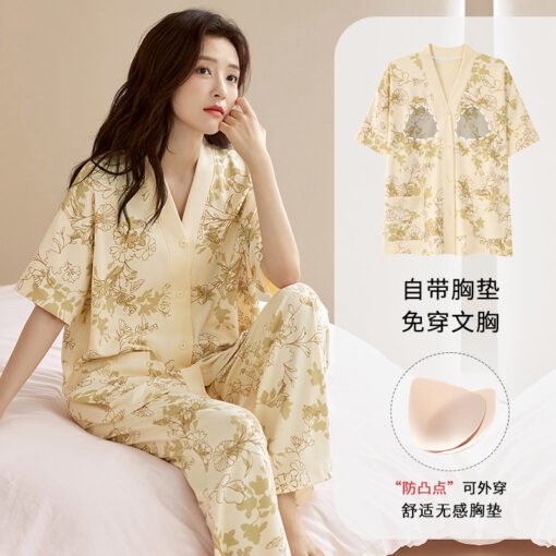 Vapetix M size (70-95 pounds)-XXXL size (145-155 pounds)  Pajamas Women's Summer Cardigan Short-sleeved Trousers with Chest Pad Fixed Cardigan Sweet Thin 202