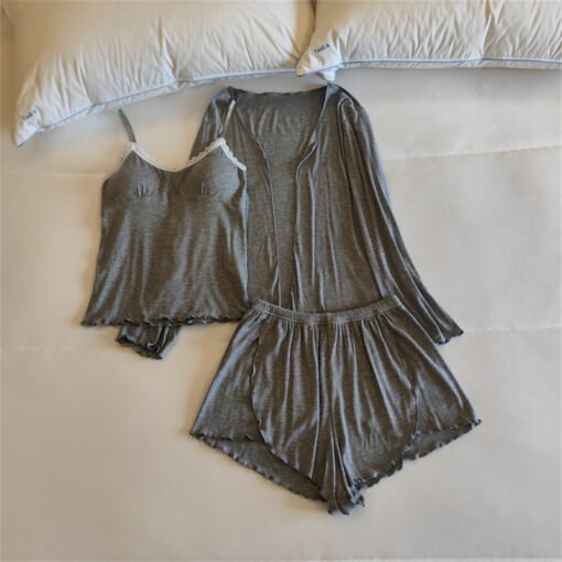 Vapetix M-XXL  Pajamas with Chest Pad Women's Summer Lace Long-sleeved Suspenders Shorts suit Cross-border Home Cl – Bild 3
