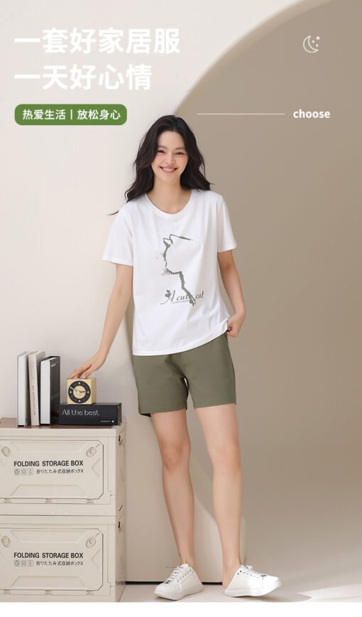 Vapetix M-2XL  Pajamas Women's Summer Cotton Short-sleeved Shorts Thin Summer Outwear Simple Cat Print Home Clothe - 图片 4