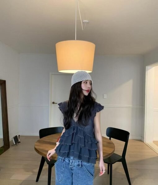 Vapetix One size fits all-One size fits all  South Korea Chic Summer Cute Age-reducing Micro-transparent Heavy Industry Ear V-neck Flying Sleeve - 图片 5