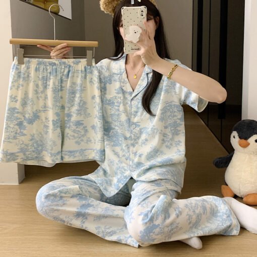 Vapetix M-XXL  Summer High-end Retro Ink Painting with Chest Pad Pajamas Women's 2025 New Short-sleeved Three-piec - 图片 2