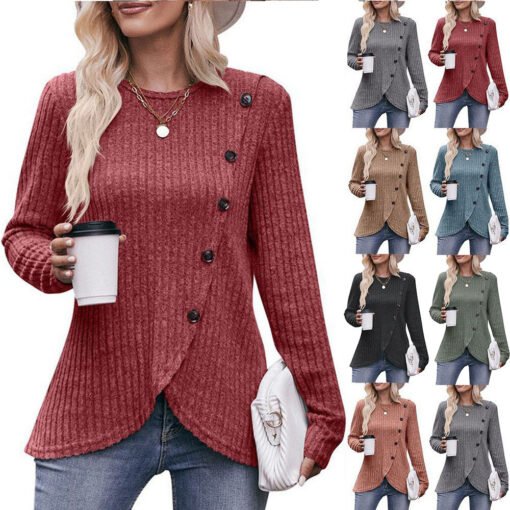 Vapetix S-XXL  2023 Cross-border New Women's Amazon Women's Round Neck Pit Sanding Tulip Hem Solid Color Button T- - 图片 3
