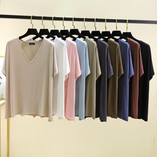 Vapetix One size fits all-Large size  Summer New Women's Solid Color Cotton Modal Thin V-neck Shoulder Short Sleeve Korean Style Sweet To - 图片 5
