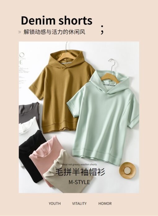 Vapetix L-XXL  Air Layer Solid Color Hooded Short-sleeved T-shirt Women's Summer Thin plus size Loose Slimming All - 图片 2