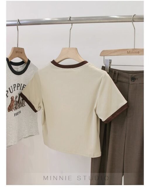 Vapetix M-2XL  Pure Desire Style American Style Retro Puppy Contrast Color Round Neck Short-sleeved T-shirt Women'