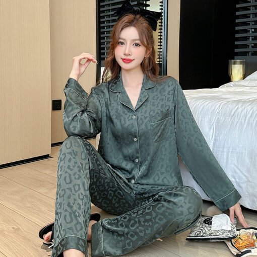 Vapetix M-3XL  Pajamas Women's Spring and Autumn Ice Silk Long Sleeve Lapel Cardigan suit Russian Jacquard Simple – Bild 4