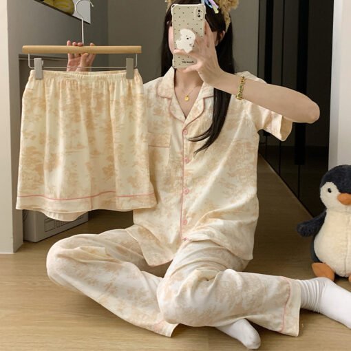 Vapetix M-XXL  Summer High-end Retro Ink Painting with Chest Pad Pajamas Women's 2025 New Short-sleeved Three-piec - 图片 3
