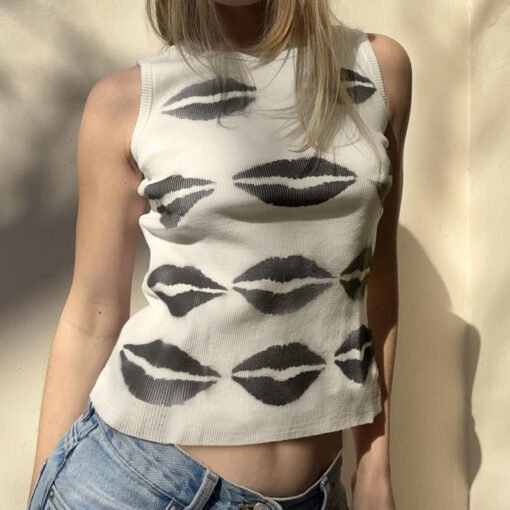 Vapetix S-L  Summer Fashion New Spice Girl Lip Print Slim-fit Top European and American Style Casual Round Neck - Imagen 5