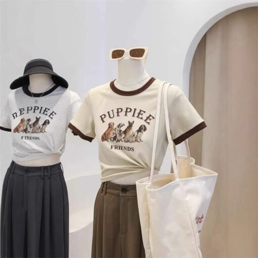 Vapetix M-2XL  Pure Desire Style American Style Retro Puppy Contrast Color Round Neck Short-sleeved T-shirt Women' - Pilt 2