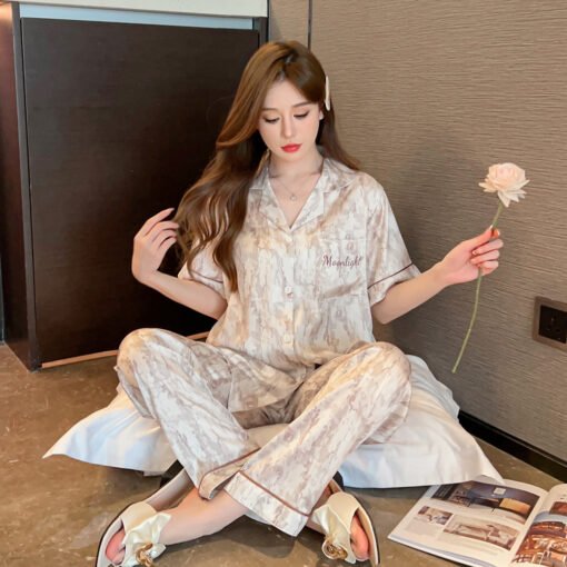 Vapetix M-XXL  Ice Silk Pajamas Women's Summer Short-sleeved Pants Two-piece Suit Ins High-end Cross-border Home C – Bild 2