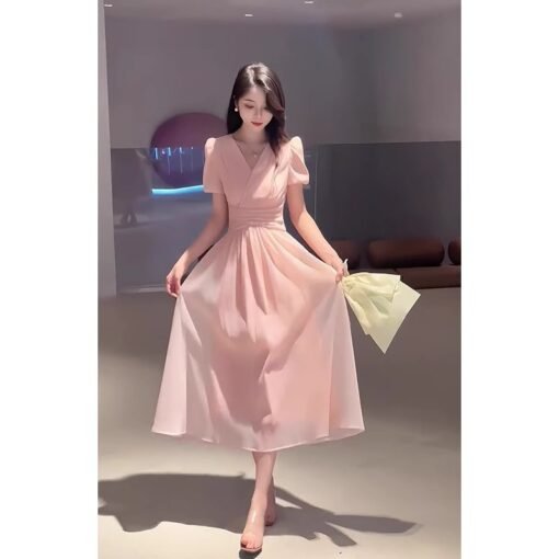 Vapetix S-XL  High-end French Elegant V-neck Puff Sleeve dress Children's Summer New Gentle Waist Slimming Dress