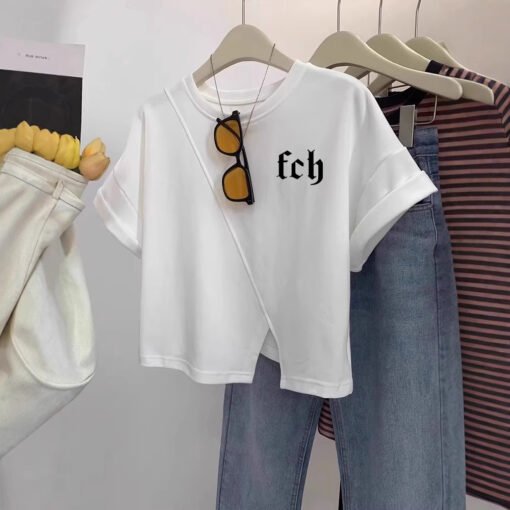 Vapetix M-2XL  Irregular Short Shoulder Short-sleeved T-shirt Women's Summer New Design Sense Small-sized Shoulder - Pilt 3