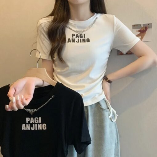 Vapetix S (60-80 pounds)-XXL (130-150 pounds)  Summer Short-sleeved T-shirt Women's 2024 New Korean-style Necklace Double Drawstring Slim Design S - Kép 3