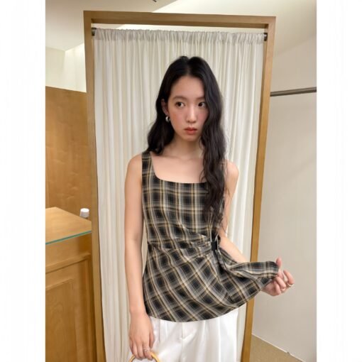 Vapetix S-M  04.28 13 lines summer 25 years summer retro all-match leather buckle waist square collar check slee – Image 3