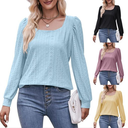 Vapetix S-XXL  Autumn 2023 New Cross-border European and American Women's Amazon Square Collar T-shirt Hollow Long - 图片 6