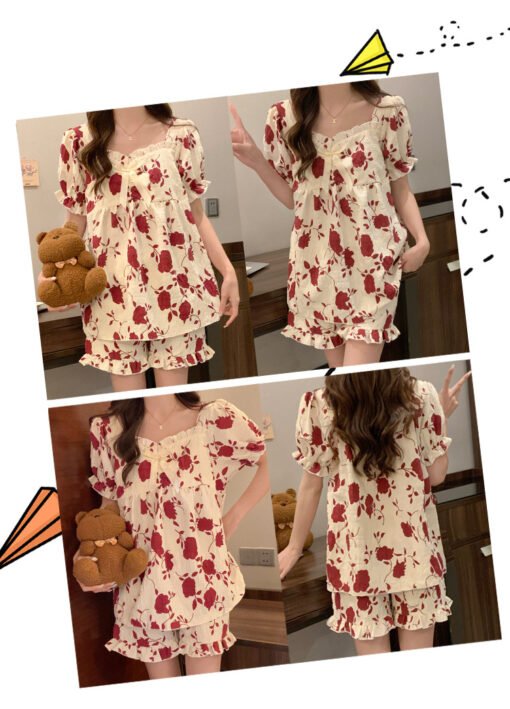 Vapetix M-XXL  Women's Summer Cloud Cotton Short-sleeved Shorts with Chest Pad 2025 New Red Floral Home Clothes su - 图片 4