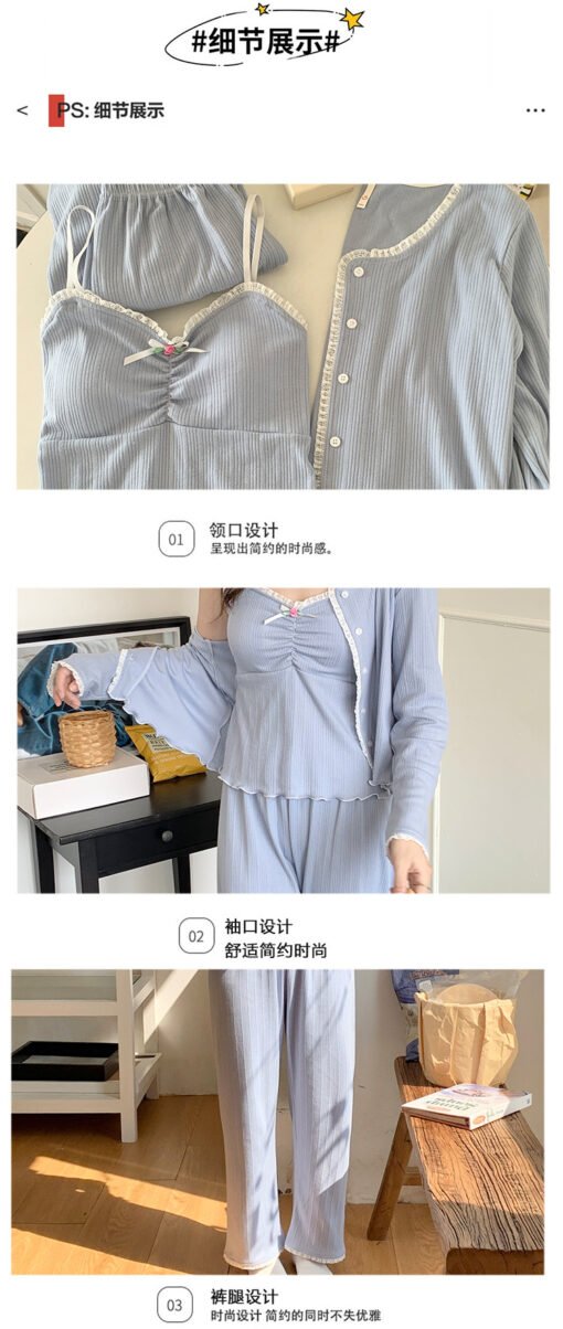 Vapetix M-XXL  Pajamas Women with Chest Pad Spring and Autumn New 6535 Cotton Sweet Ins Sling Cardigan Trousers Th – Bild 6