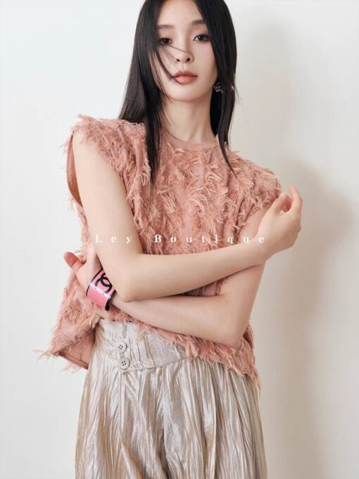 Vapetix M-L  Cut flower tassel rhombus_Tencel wool sweater style temperament fashionable elegant T-shirt jacket - Obrázek 3