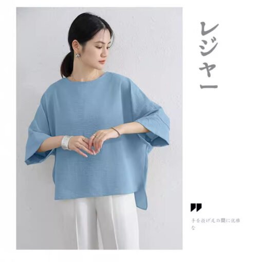 Vapetix One size fits all-One size fits all  Summer Japanese plus size Women's Thin Short-sleeved T-shirt Spliced Sleeve Elegant Irregular Top L - 图片 4