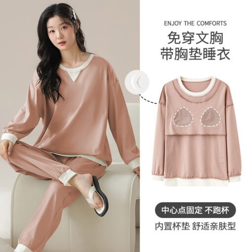 Vapetix M-XXL  Pajamas with Chest Pad Women's Spring and Autumn Long Sleeve 2025 New Wear-Free Bra Outer Wear Home – Bild 2
