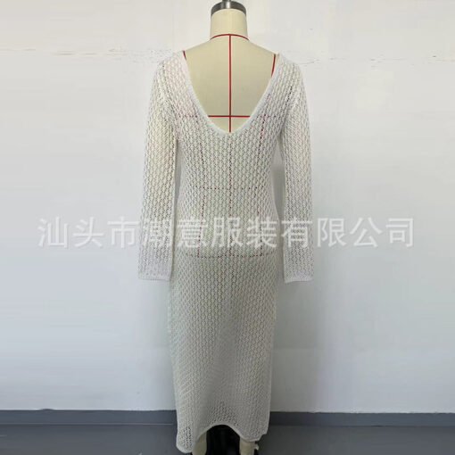 Vapetix S-L  Cross-border European and American New Hollow Texture V-neck Round Button Long Sleeve Holiday Long - 图片 3