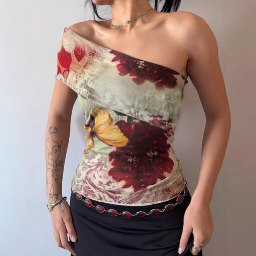 Vapetix S-L  Antique Butterfly Tie-Dye Printed One-Shoulder Asymmetrical Strapless Top Niche Spice Girl Style Ti - Image 5