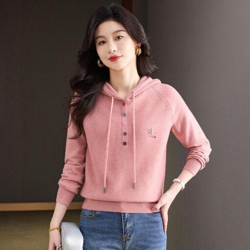 Vapetix M-XXXL  2025 New Wool Sweater Women's Spring and Autumn Hooded Sweater Loose Pullover Sweater Outer Wear Kn - Obrázek 6