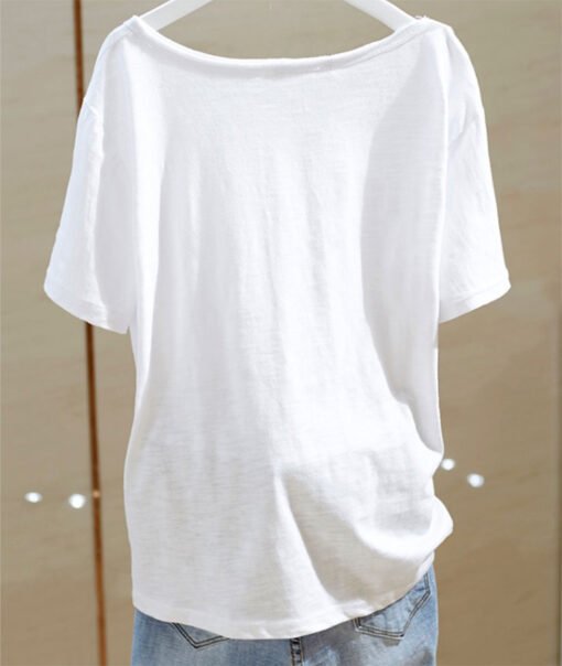 Vapetix M-4XL  Slub Cotton White Big Neck Short-sleeved T-shirt Women's 2023 European Station Goods Spring and Sum - 图片 4