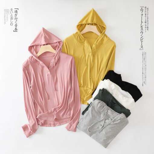 Vapetix M-XXL  Autumn New Modal Thread Long Sleeve Hooded Button T-Shirt Women's Loose Casual Top Inner Base Shirt - 图片 4