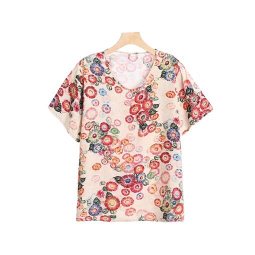 Vapetix 3XL-5XL  2025 Summer New Cotton Silk Floral Print Short-sleeved V-neck T-shirt Home Loose Casual - 图片 6