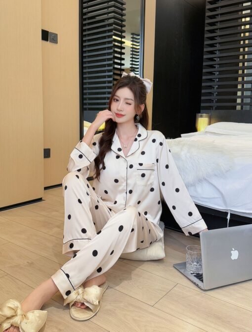 Vapetix M-2XL  Pajamas Women's Summer Ice Silk Thin Korean Style Fashionable Wave Dot Long Sleeve Two-Piece Set Sp - Obrázek 4