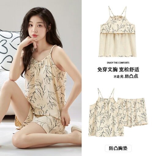 Vapetix M-XXL  Pajamas with Chest Pad Women's Summer Sling Shorts suit Pure Cotton French Style Sexy Cool Outer We - Obrázek 3